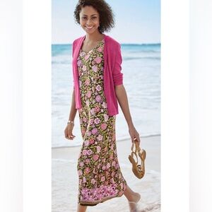J. Jill Floral Maxi Dress with Pink Cardigan